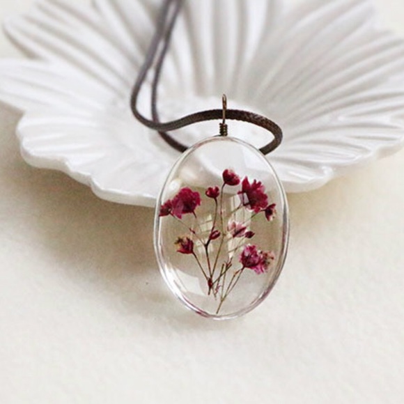 Jewelry - Handmade Dried Pink Flower in Dome Glass Pendant